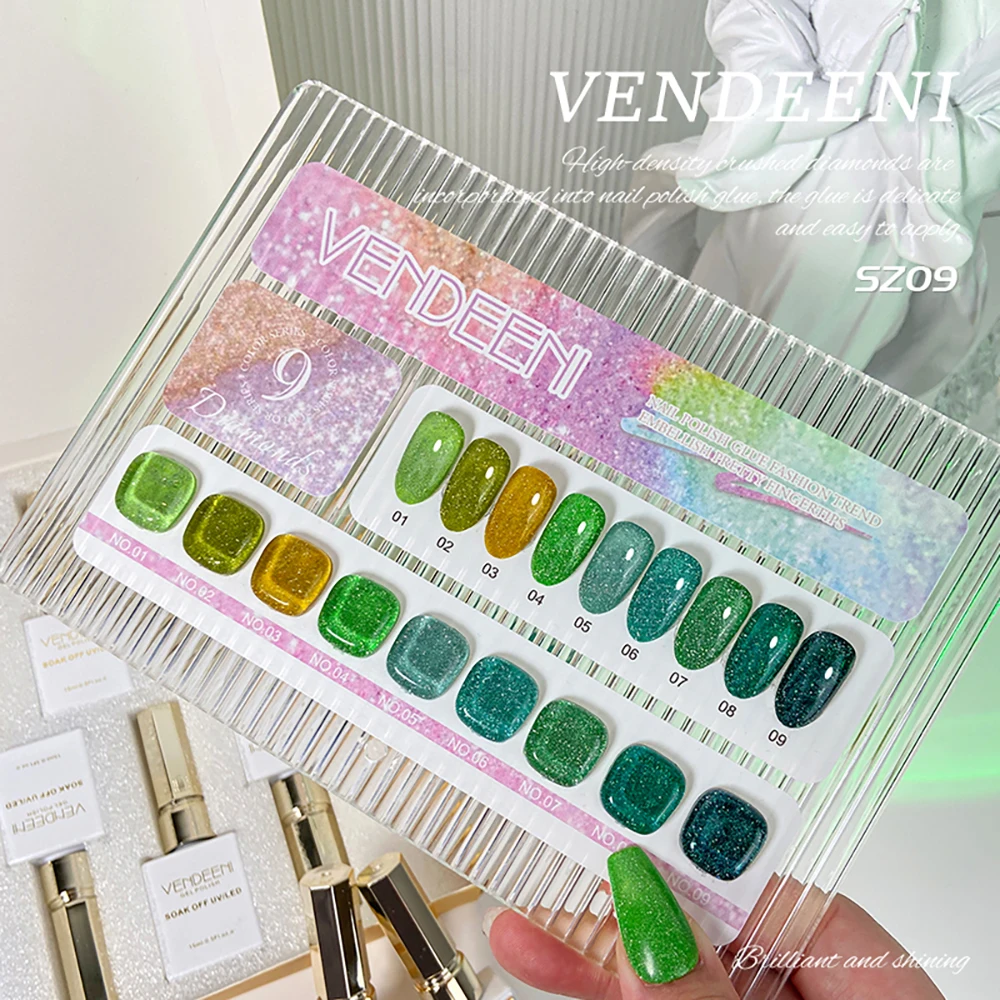 Vendeeni 9 Farben/Set Glitzer-Broken-Diamond-Gel-Nagellack UV LED Soak-Off Gel-Lack Grün Lila Rot Flash Gel mit Display – Detail 36