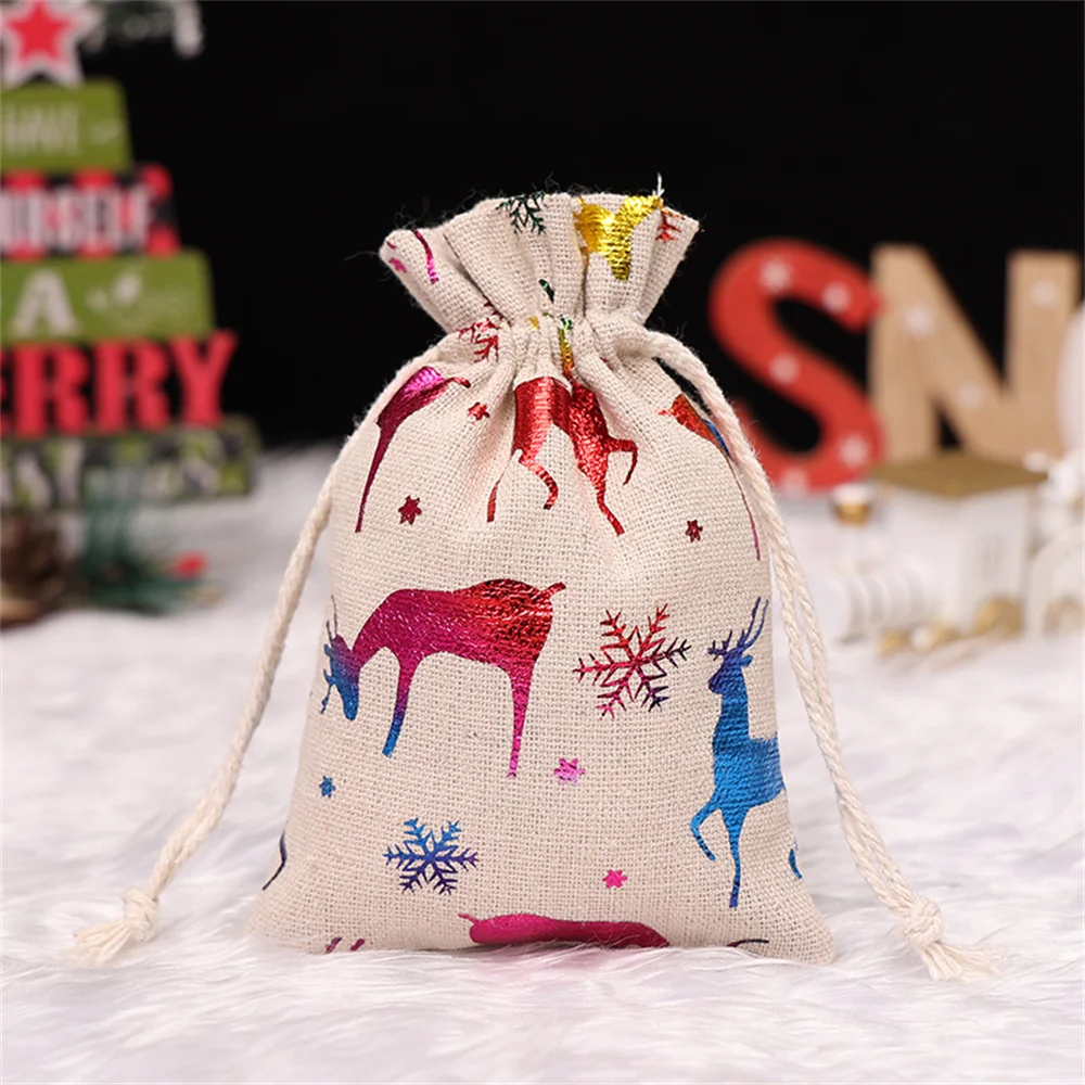 Linen Bags Cotton And Linen Hot Stamping Gift Bags Christmas Children'S Candy Bags Drawstring Gift Bags Wholesale 2025 New Year