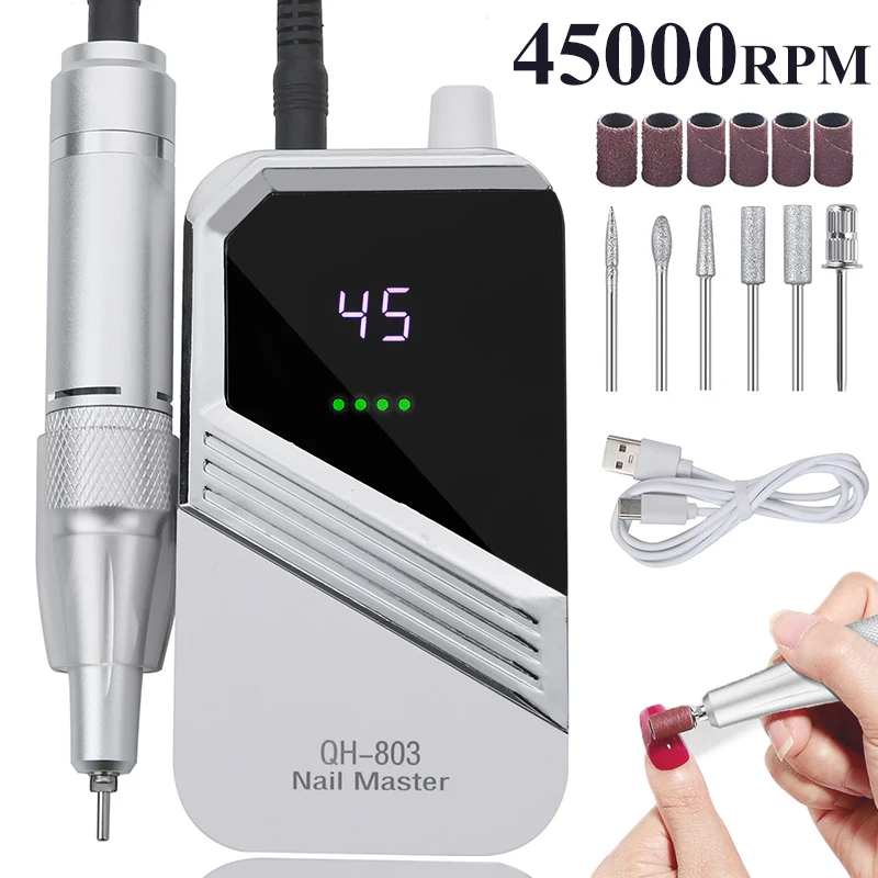Perceuse à ongles électrique Portable professionnelle 45000 tr/min, ponceuse à ongles pour vernis Gel acrylique, outil de polissage des ongles Rechargeable