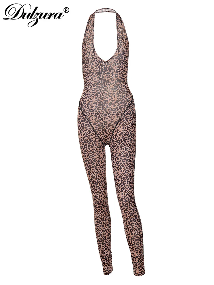 Dulzura 2024 Sexy Playsuit Leopard Printed Sleeveless Halter Deep V Neck Backless Women Jumpsuits Sport Club Party Drop Shipping