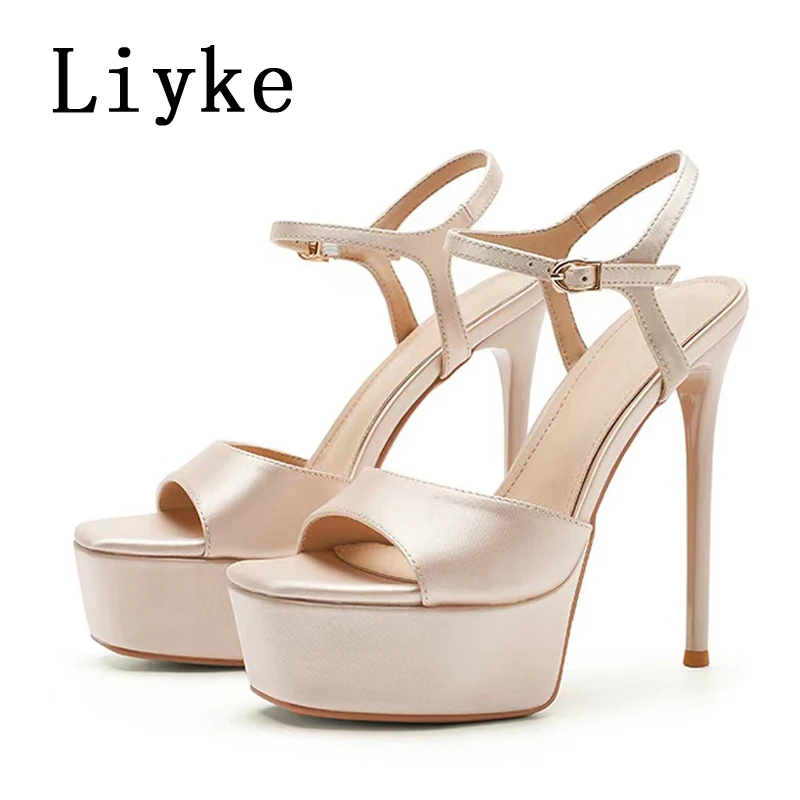 

Liyke/уютные шелковые сандалии высокого качества на платформе, женские однотонные модельные туфли на толстой подошве с открытым носком на тонком каблуке 14 см, свадебные банкетные модельные туфли