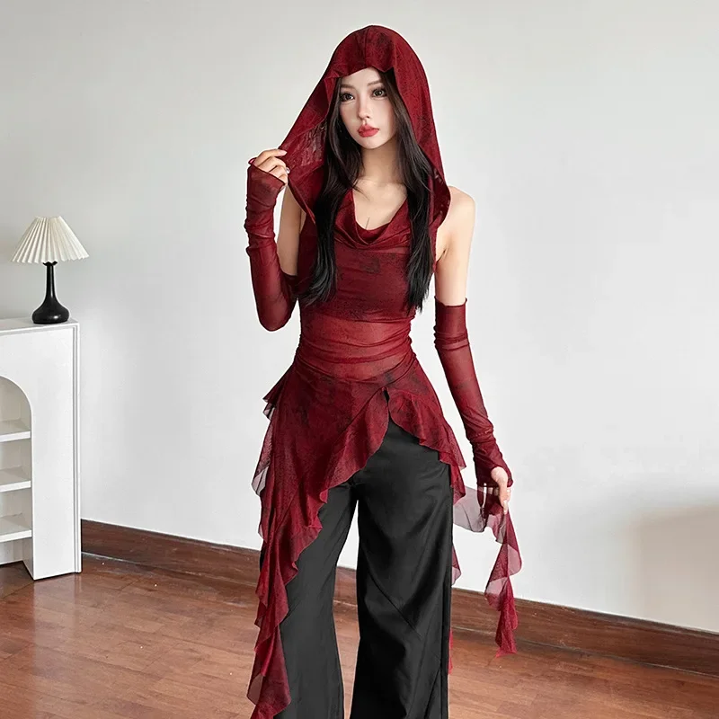 

Nice Streetwear 90s Grunge Mesh See Through Hooded Tops Cyber Y2K Irregular Hem Ruffles Hoodie Women Slim Blouse With Cuffs