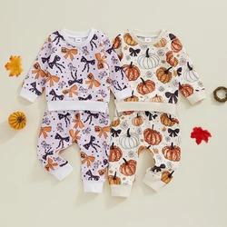 0-3Y Baby Girl 2Piece Halloween Pumpkin All-over Print Outfit Sets Long Sleeve Sweatshirt +Elastic Waist Pants with 3D Bow Decor