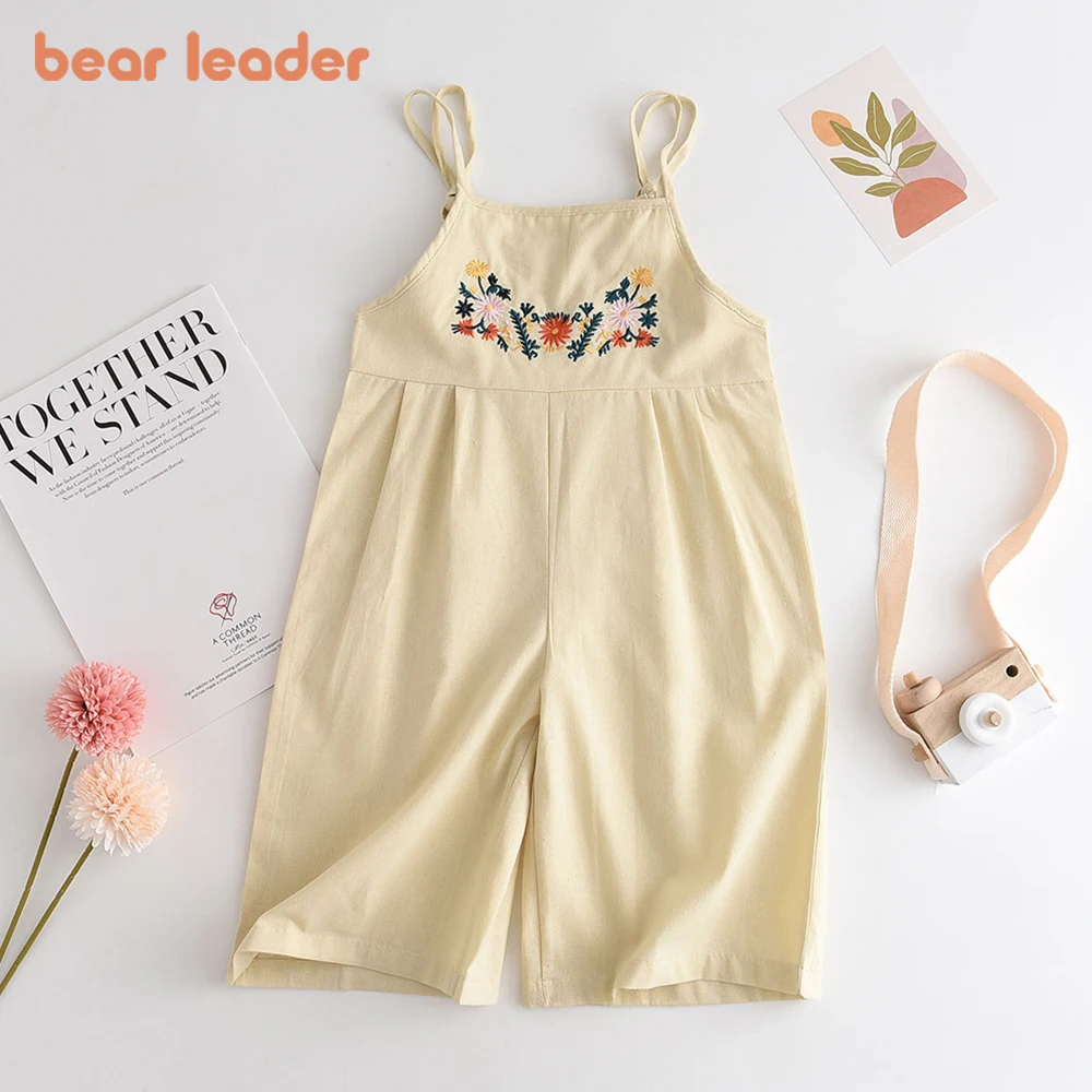 Bear Leader Girls Overalls Pants 2023 Summer Solid Embroidery Flower Sling Cotton Clothing Kids Children Fashion Outfits