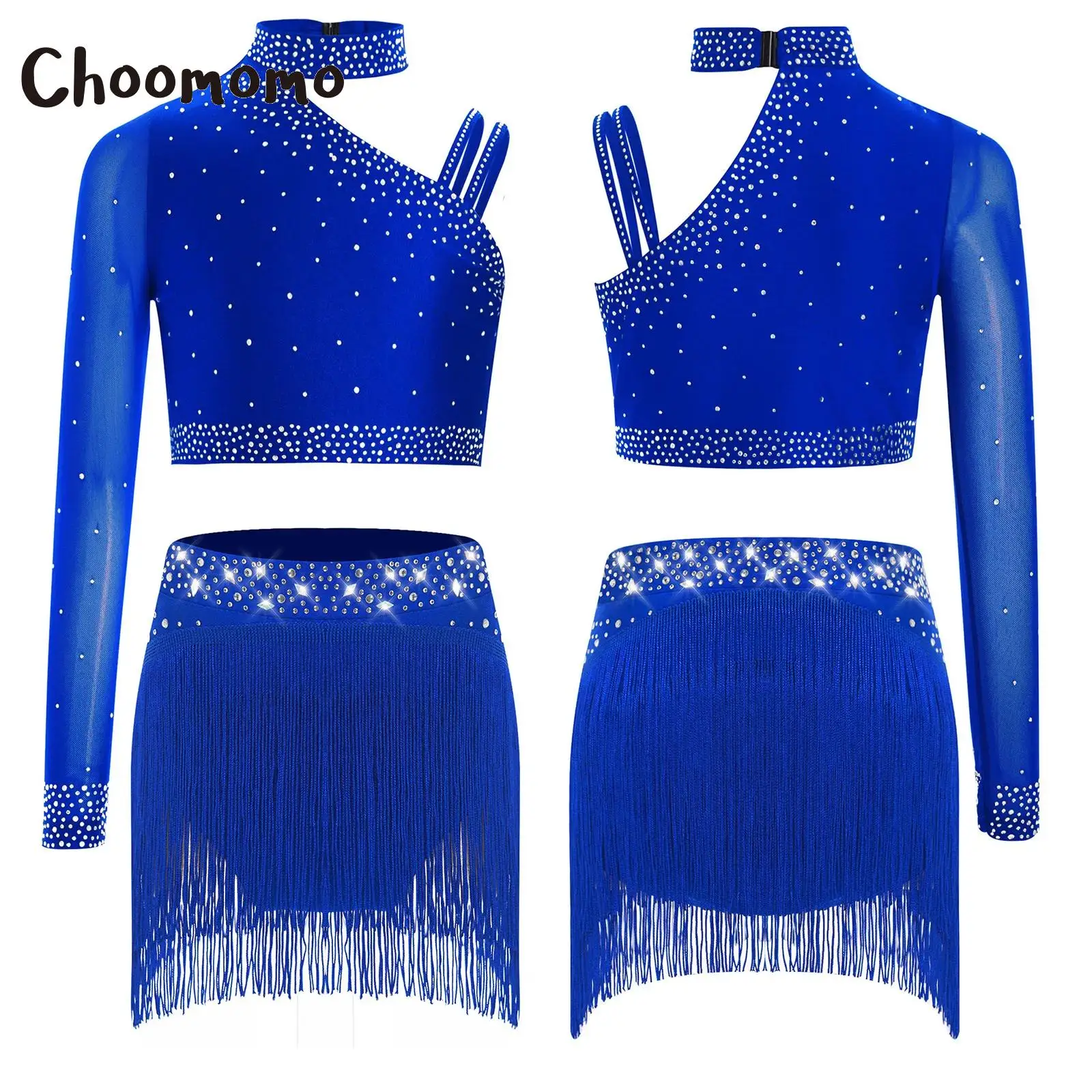 

Kids Girls Ballet Sets Dance Performance Costume Outfits with Unique Irregular Shoulder Rhinestones Crop Top and Fringe Bottoms