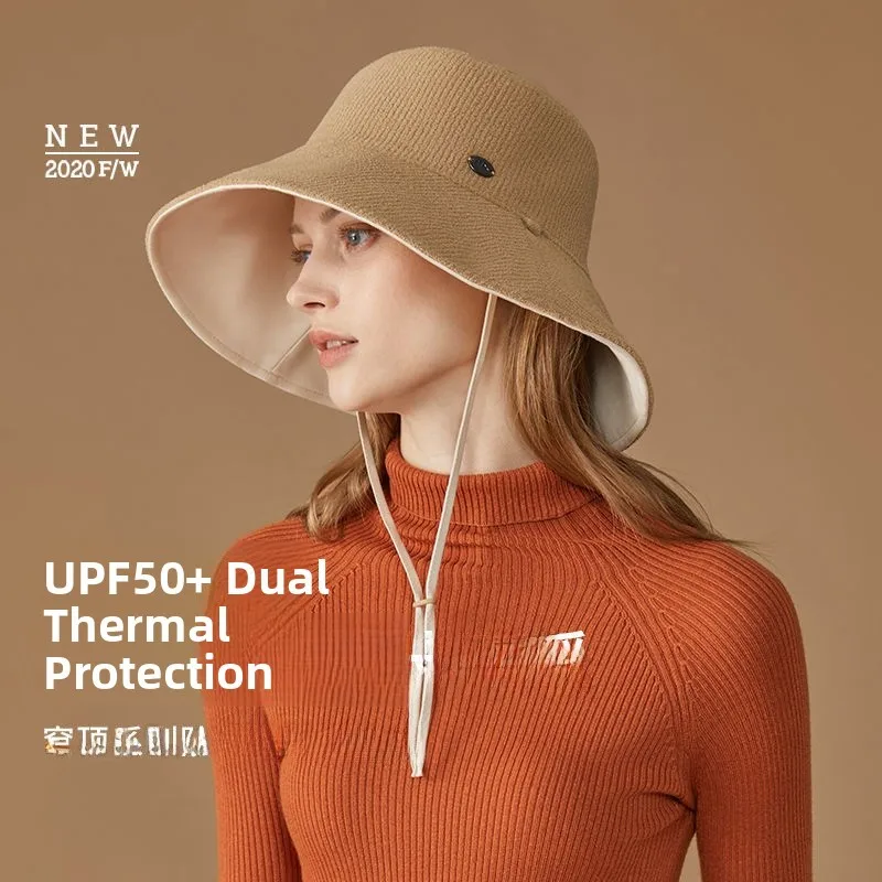 Double-Sided Warm Fishing Cap with Large Brim Fashionable Face Slimming Sunscreen Function All-Season Polyester Fabric Unisex