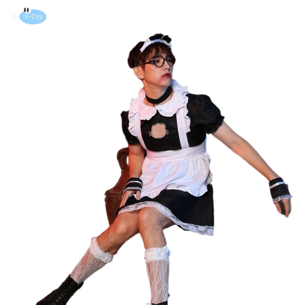 ชุดชุดสาวใช้ผู้ชายน่ารักชุดคอสเพลย์โลลิต้าแคทเกิร์ลปลอมเซ็กซี่สำหรับผู้หญิง