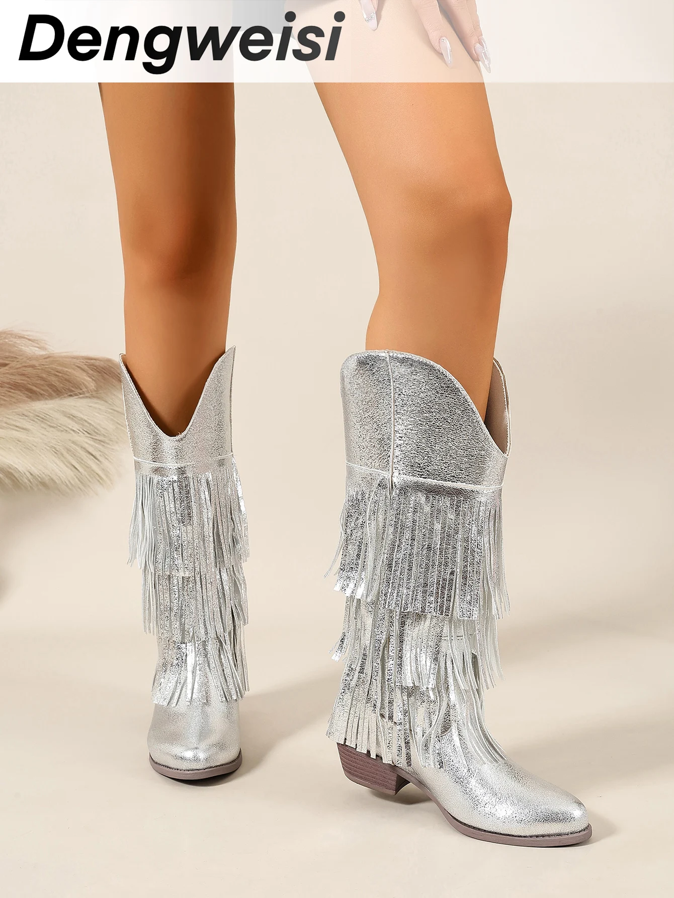 Silberglänzende, mehrlagige Quasten-Westernstiefel mit klobigen Absätzen und runden Zehen, geeignet für Bühnenauftritte und Party-Atmosphäre, stilvolle mittelhohe Stiefel, die bis zum Knie reichen. – Detail 1