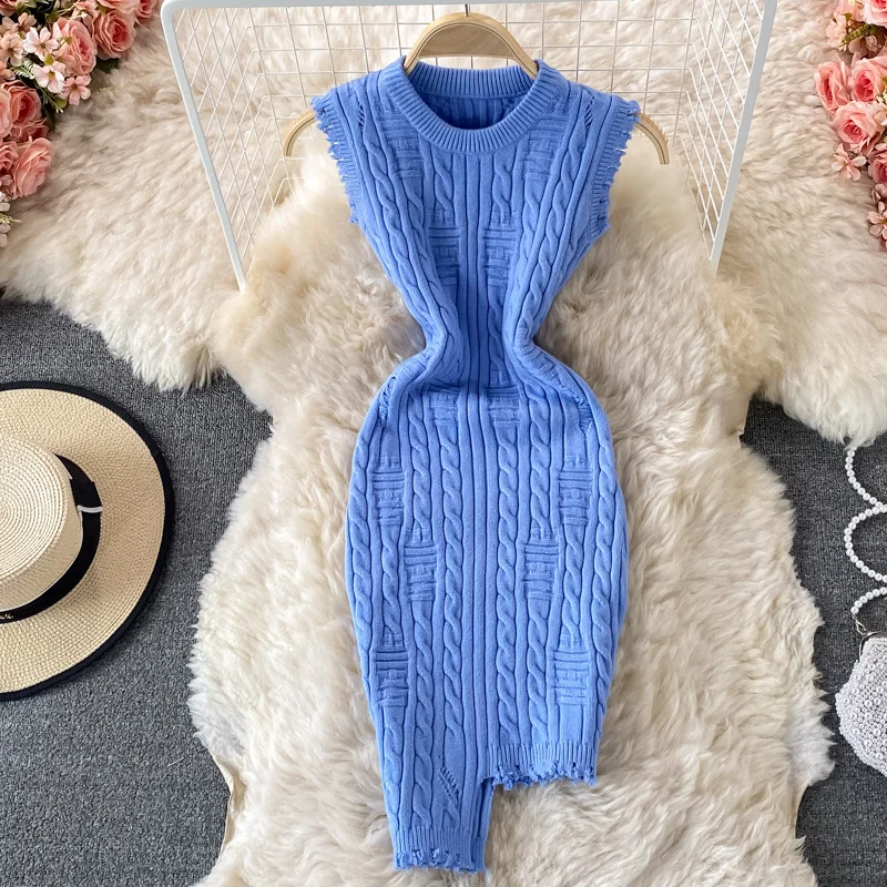 New Design Twist Knitted Bodycon Dress Women Solid O-neck Sleeveless Tassels Irregluar Slim Stretch Bandage Mini Sweater Dress