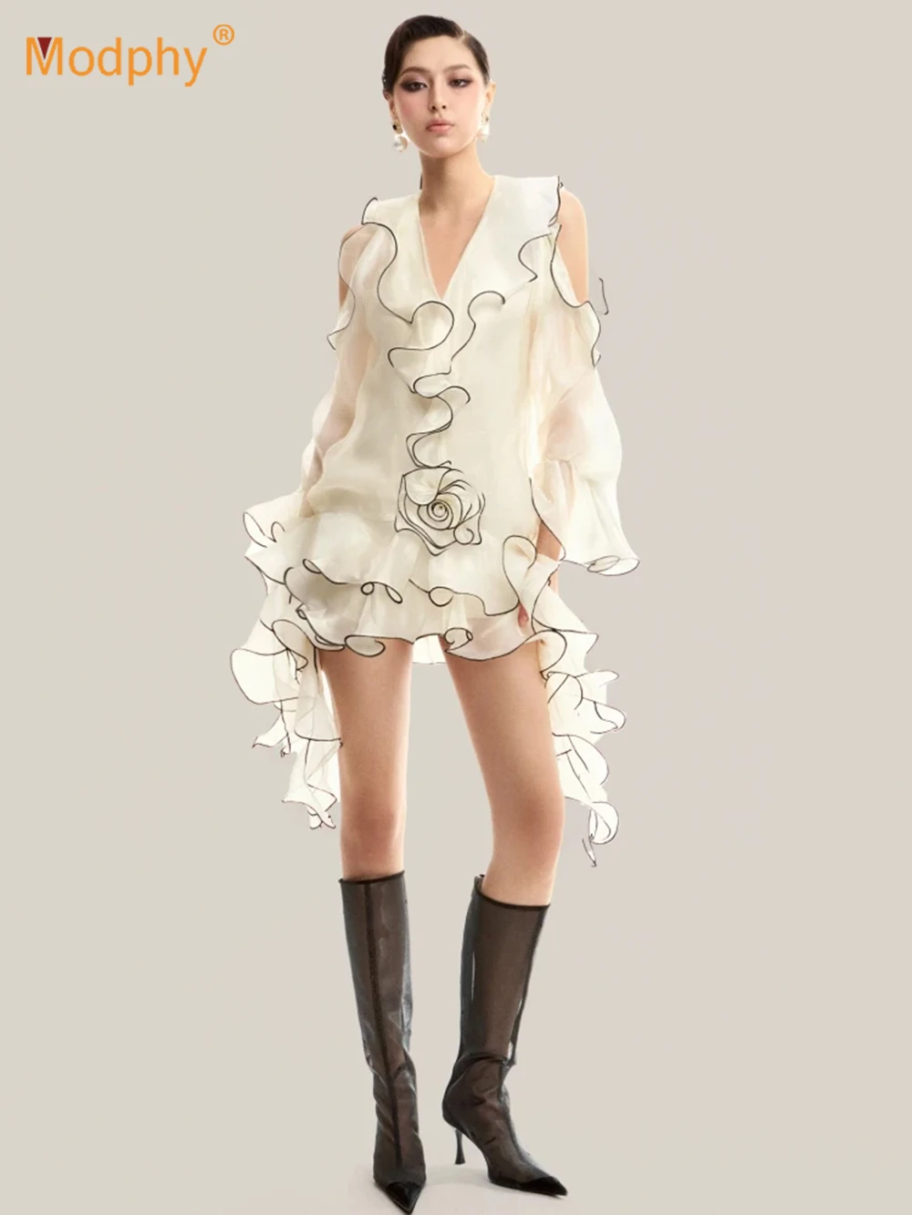 

Modphy Off Shoulder Ruffles Floral Mini Blouse Mini Dresses For Women V Neck Long Sleeve Lace Up Sweet Dress Female Clothing