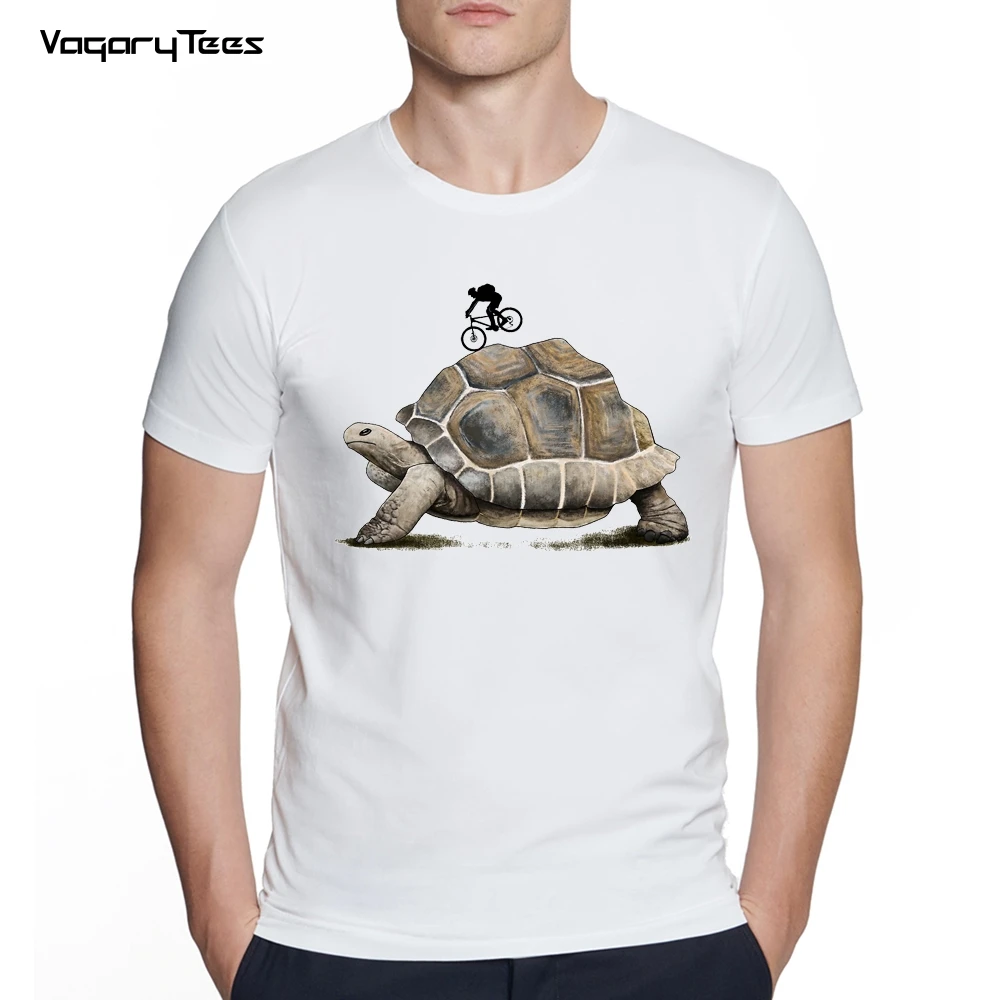 Men's Creative Bikepacking with Aldabra giant tortoise Print Short Sleeve T-Shirt Hipster O-neck Design Tops Cool Desgin Tee