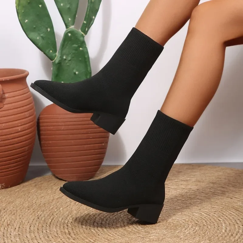 2026 Neue Einfarbige Damen-Strickstiefel bis zur Wadenmitte, Modische Stiefel mit Quadratischem Absatz, Elastische Stiefel für Herbst, Outdoor, Slip-on, Partyschuhe, Größe 43 – Detail 20