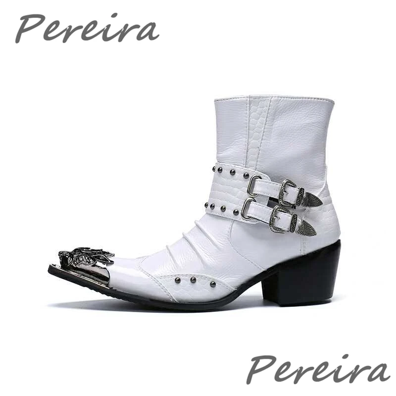 

Men's White Genuine Leather Chelsea Boots Dragon Head Metal Buckle Side Zipper Short Boots Trendy Cowhide Party Wedding Shoes
