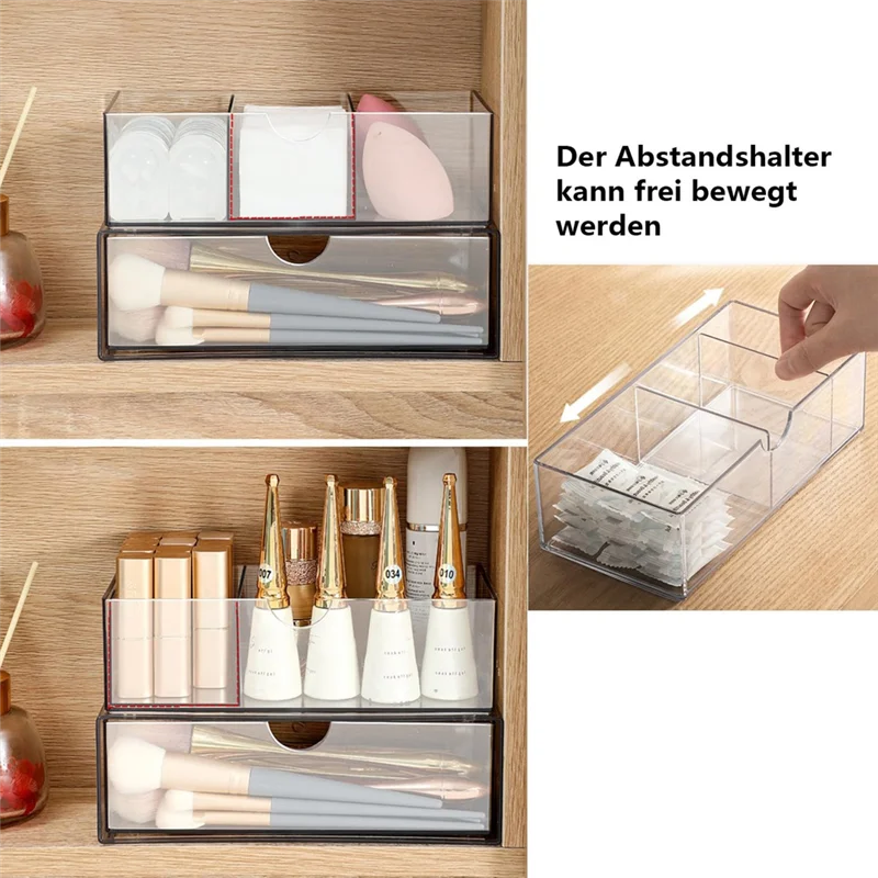 

High Quality-Cosmetic Organiser Set Of 2, Make Up Storage With Drawers, Transparent, For Eyeliners, Lipstick, Mascara, Makeup Br