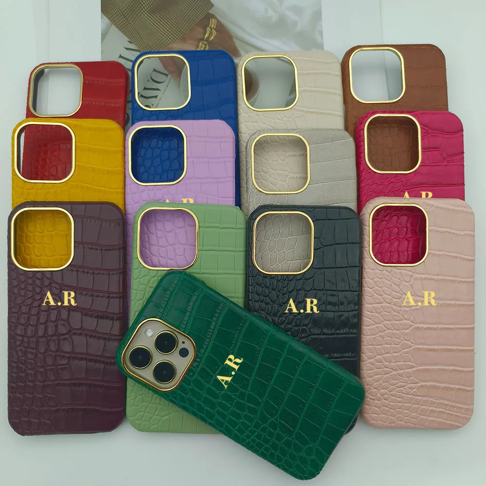 Nome personalizado luxo crocodilo couro telefone caso, personalização letras capa, DIY, iPhone 15, 11, 12, 13, 14Pro Max
