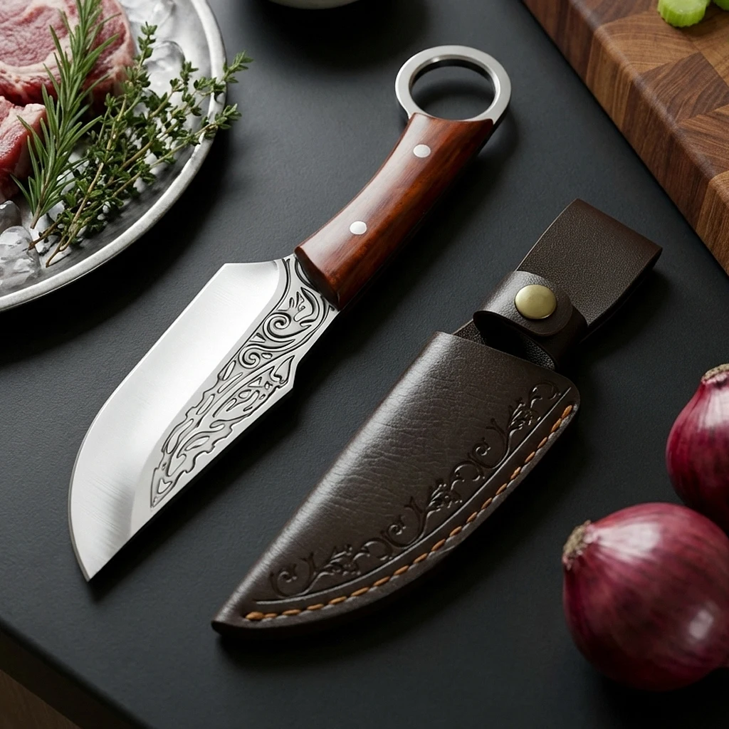 WXCOO Stainless Steel Onion Slicer Cutter Multifunctional Fish Scale Remover Scaler Kitchen Butcher Knife with Wooden Handle