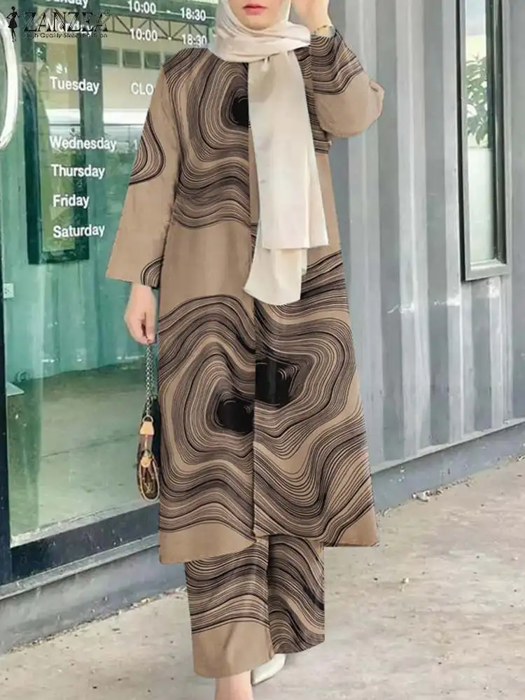 Vintage Floral Printed Muslim Abaya Sets 2023 ZANZEA Women Casual Loose Matching Sets Islamic Outifits Long Sleeve Blouse Suits