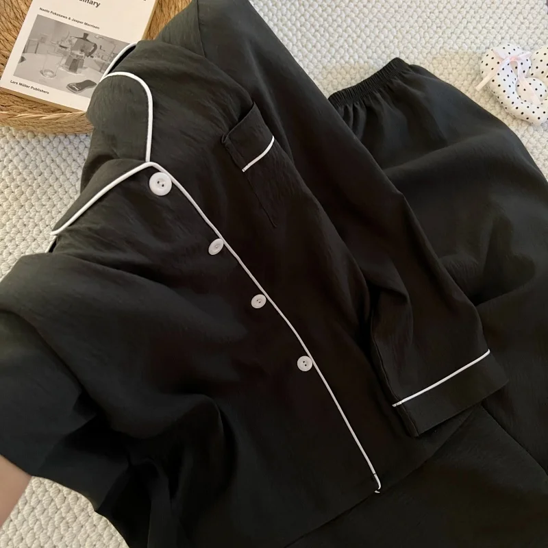 Übergrößen Damen Einfarbiger Lässiger Pyjama-Set Einfache Langarm-Schlafanzüge mit Knopfleiste Frühling Reverskragen Weicher Zweiteiliger Loungewear – Detail 6