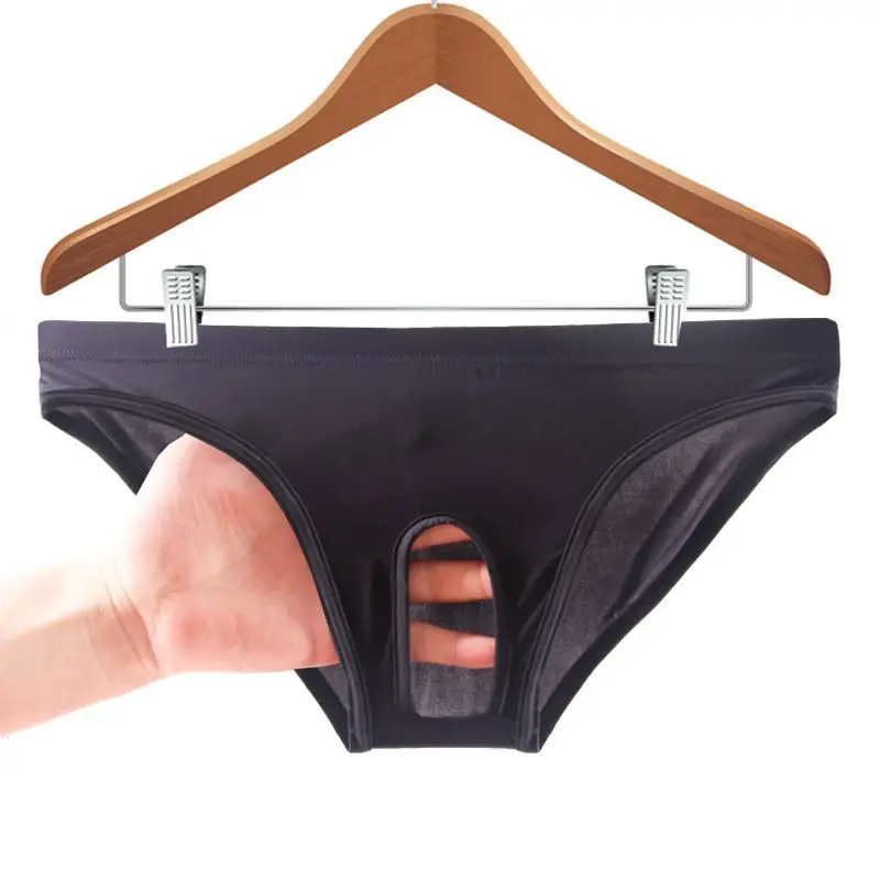 Men's Underwear Sexy Ultra-Thin Ice Silk Underwear Exposed Crotch Low Waist Briefs Mens Sissy Panties Gay Penis Pouch Lingerie
