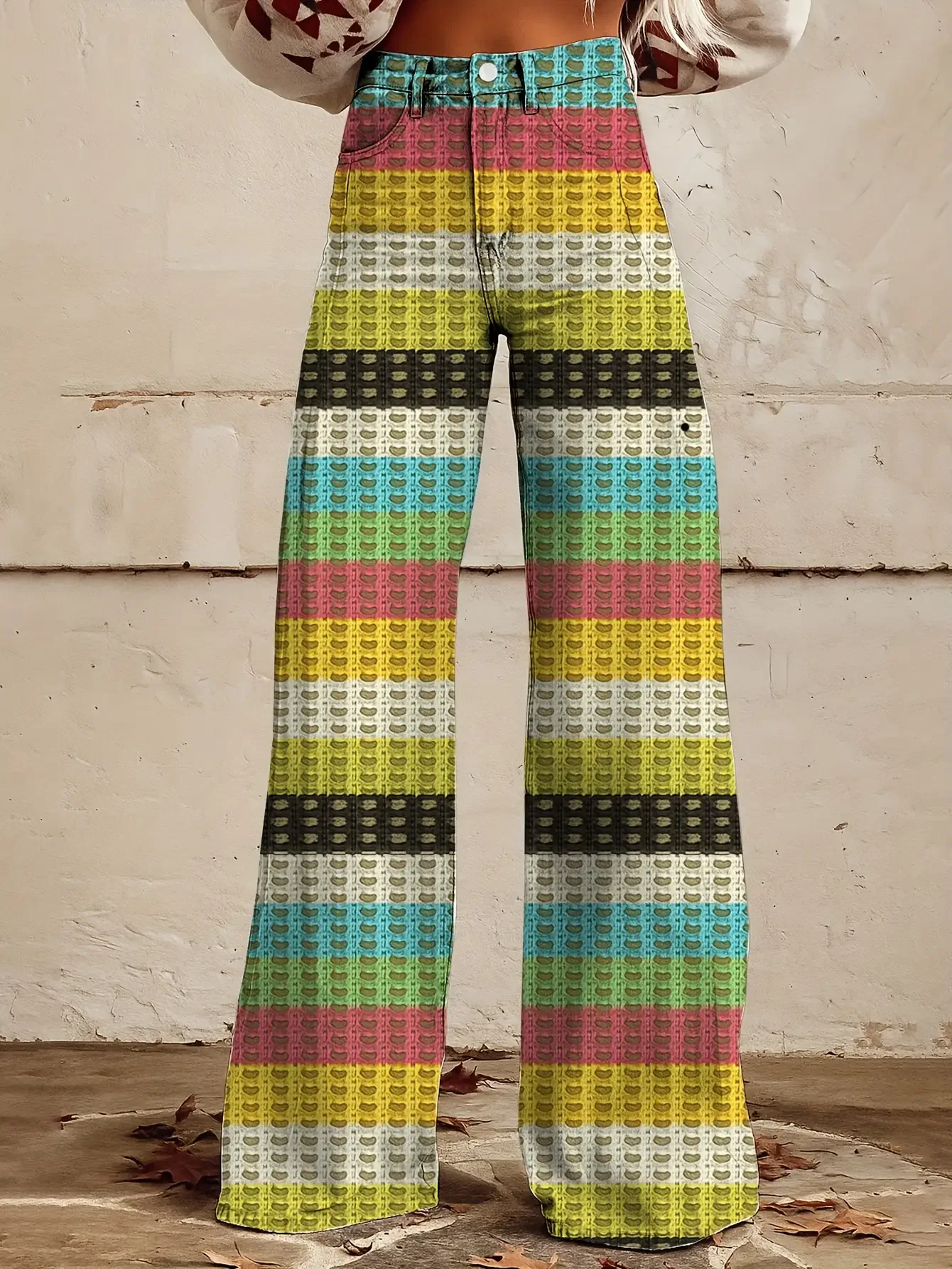 Women's printed geometric pattern wide leg imitation jeans, Extra long full-length waistband with built-in zipper