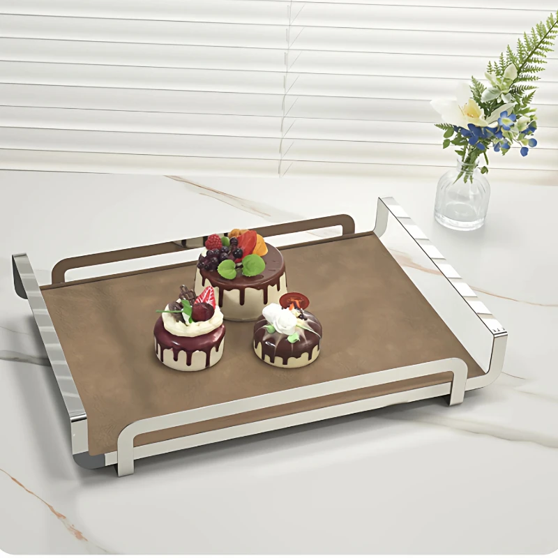 Stainless Steel Leather Tray Luxury Rectangular Storage Holder Premium Fruit Cake Serving Plate Home Party Decoration Accessory