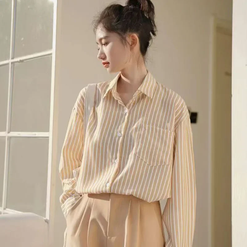 Xpqbb Korean Striped Women Shirt Spring Autumn Drop Sleeves Single Breasted Shirts Female Vintage Loose Streetwear Casual Blouse