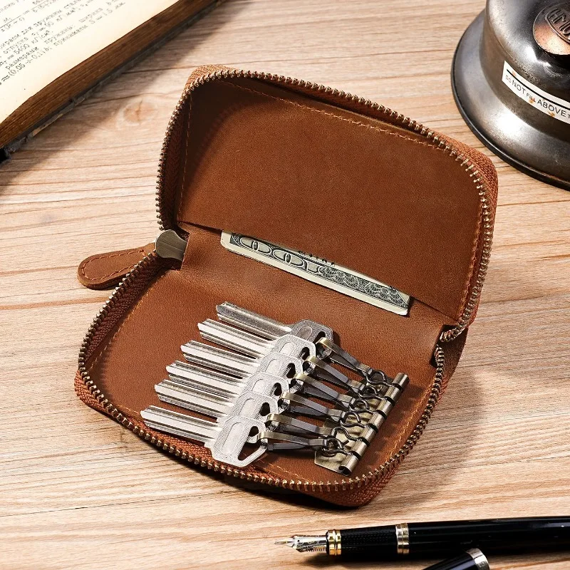 Crazy Horse Leather Key Pouch Genuine Leather Zipper Key Case for Home Use Men's Top-Grain Cowhide Key Holder