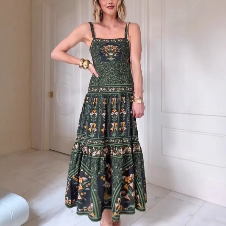 Boho Sling Long Dress Fashion Print Sleeveless Large Swing Party Evening Dresses Casual Retro Holiday Robe Women's Clothes 2025