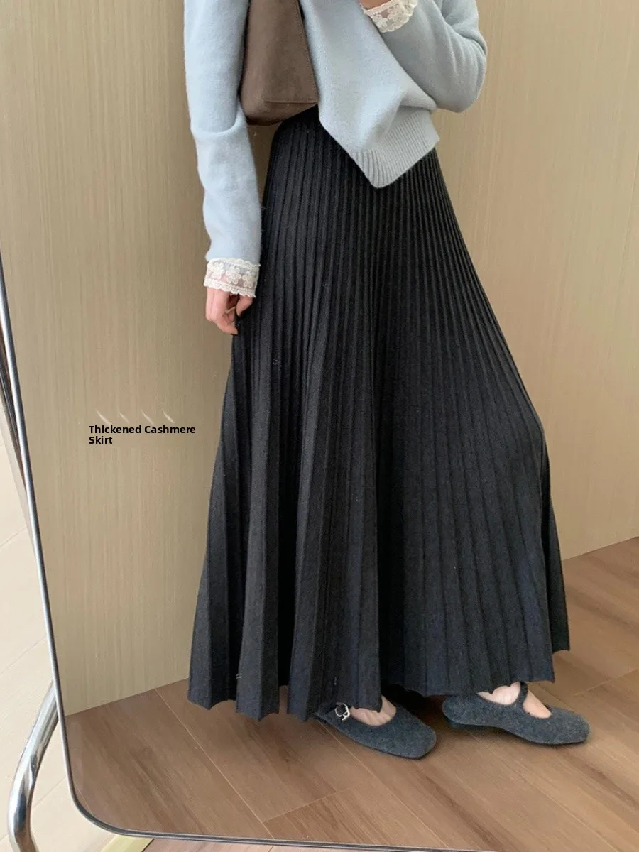 

Emily Clud Recommended Plush Thickened Pleated Midi Skirt for Women High Waist Autumn Winter Fleece Soft Material Ladies Skirts