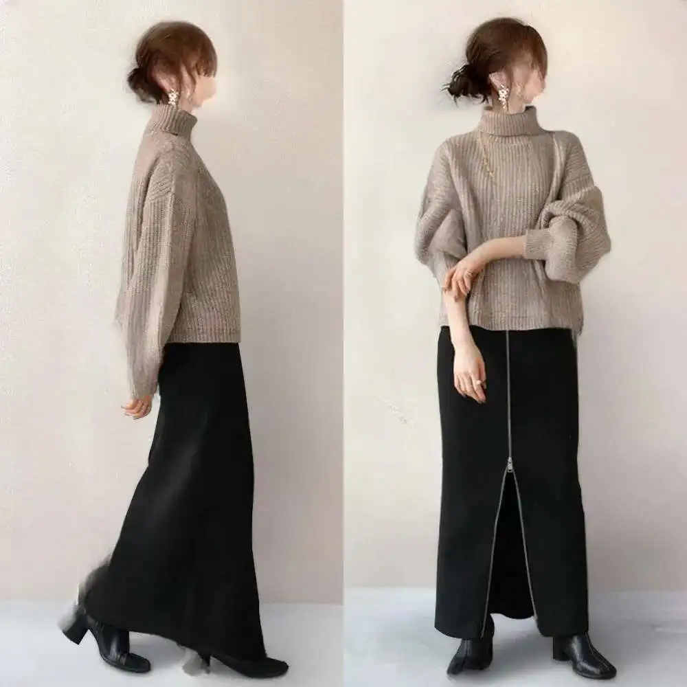 

2025 Autumn/winter New High Collar Woolen Top Black Half Skirt Two Piece Set