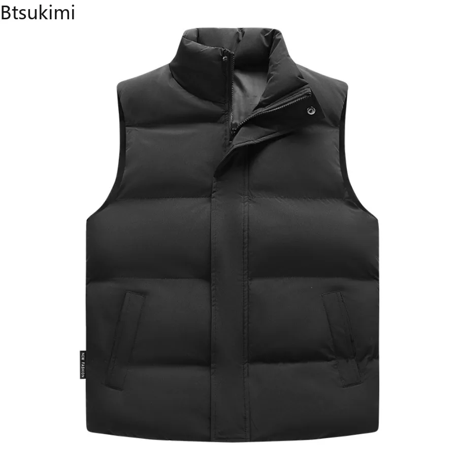 2025 Winter New Down Cotton Vest for Men Solid Color Stand Collar Versatile Sleeveless Vest Cold Resistant Warm Cotton Waistcoat