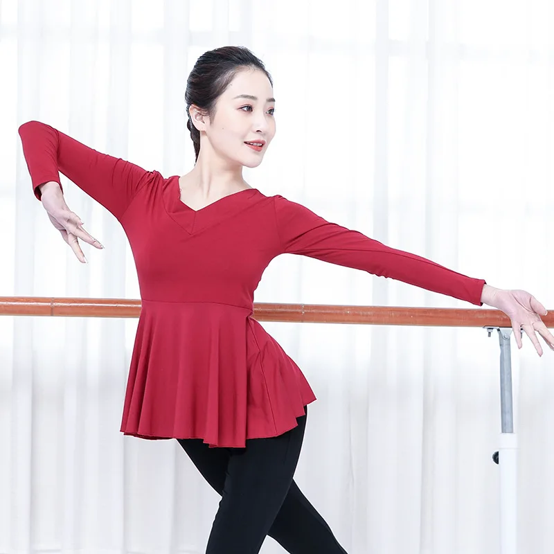 Adult Women Latin Dance Practice Costume Summer Modal V-neck Short Sleeve Top Modern Ballroom Stage Training Lotus Hemline