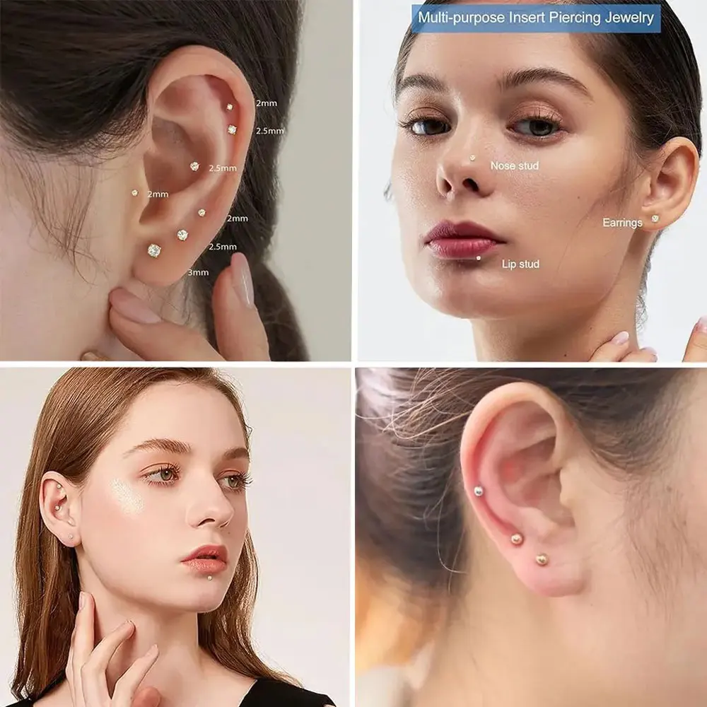5/10pcs Crystal G23 Titanium Threaded Labret Piercing Cartilage Tragus Earrings Stud Lip Body Jewelry