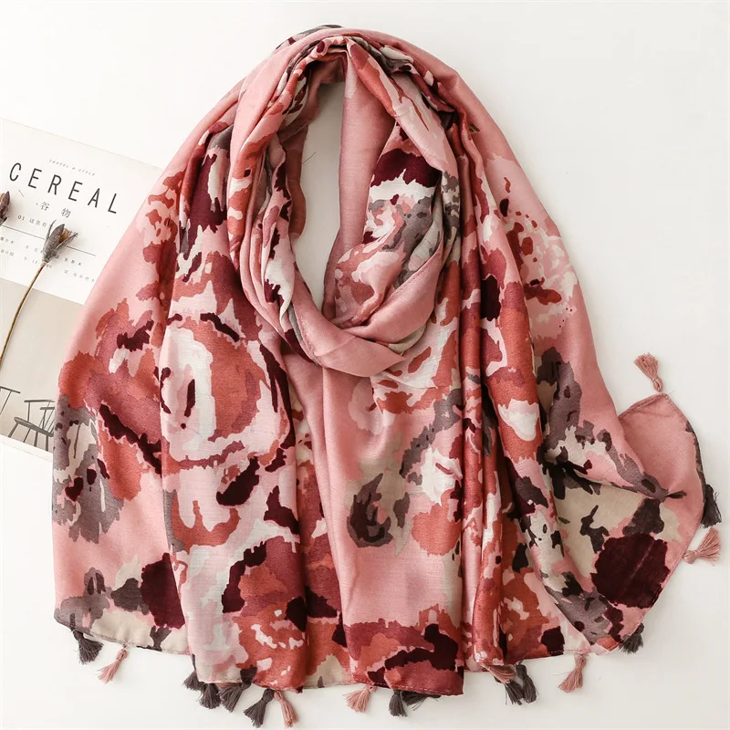 2024 Winter Cotton Ink Painting Print Tassel Scarf Shawls Long Women Ombre Floral Scarves Hijab Wrap 5 Color Wholesale 10pcs/LOT