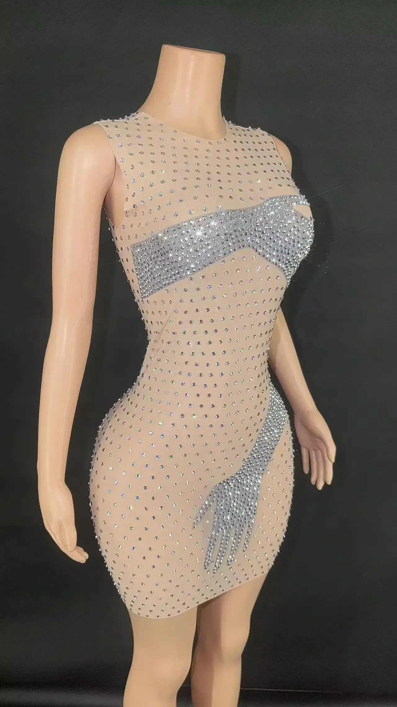 Sexy See Through Mesh Sheath Mini Dress Luxury Diamonds Evening Party Performance Costume Nightclub Singer Dancer Stage