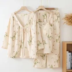 Floral Three Pieces Suit Pijama Mujer New Cotton Spring Autumn Pajamas Set 3/4 Sleeve Sleepwear Women Home Suit Pyjama Femme