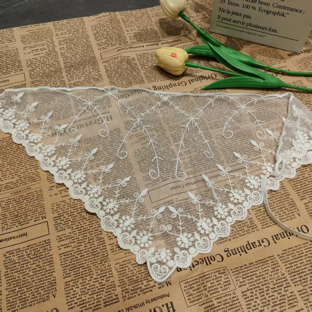 

Embroidered Lace Triangle Headscarf White Hollow-out Hair Scarf Wraps Pastoral Style Woven Floral Lace Skirt for Women Girls