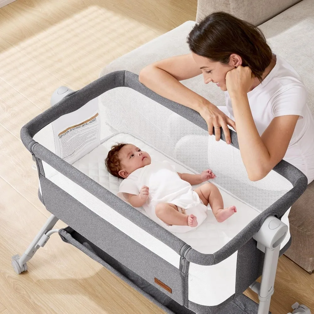 

Bassinet Bedside Sleeper - All-Mesh Design, Portable Bedside Bassinet for Baby with Washable Mattress, 5 Adjustable Heights (Gre