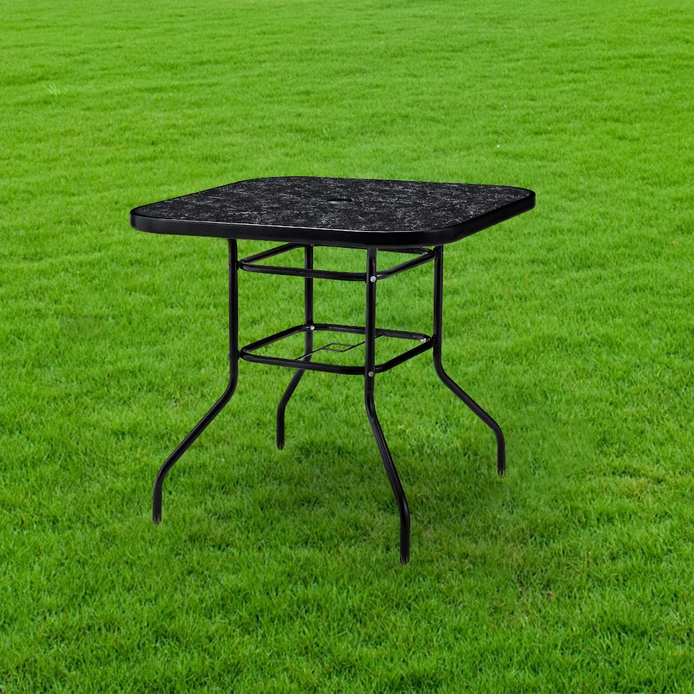 Black Square 80cm Garden Tempered Glass Marble Coffee Table