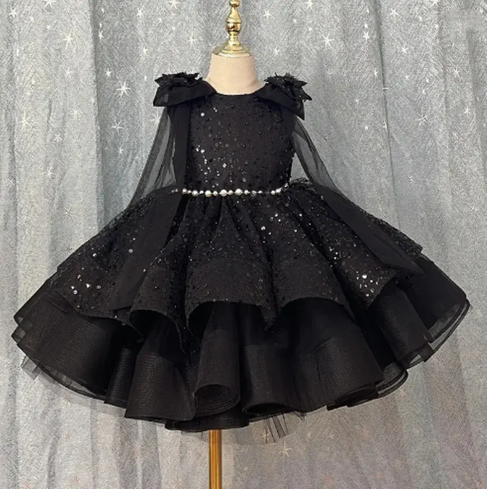 

Customized Royal Black Flower Girl Dresses For Wedding Shiny Sequins Pearls Fluffy Bow Toddler Birthday Gift Holiday Party Gown