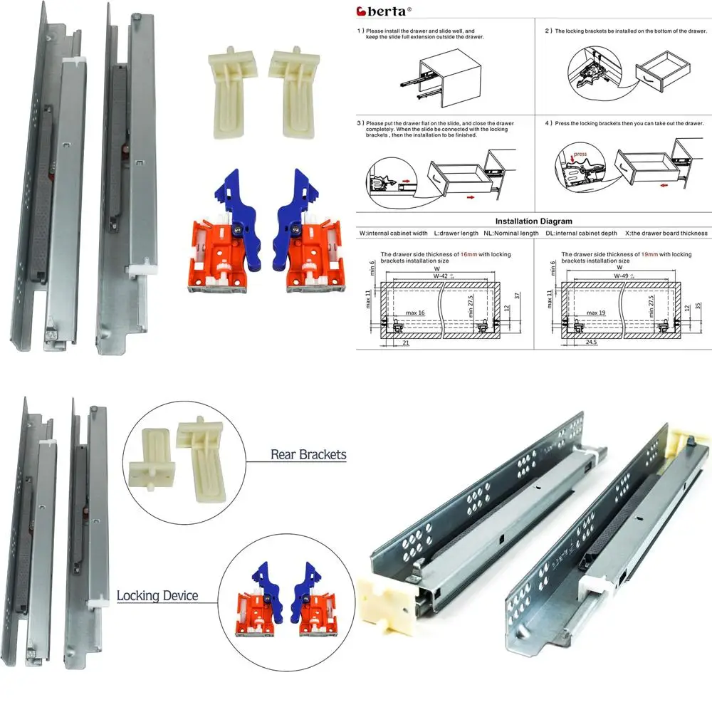 شرائح درج ذات إغلاق ناعم مقاس 21 بوصة مع سعة تحميل 100 رطل، مثبتة تحتًا، أجهزة قفل، خلفية بلاستيكية B للتخزين المحسن #1