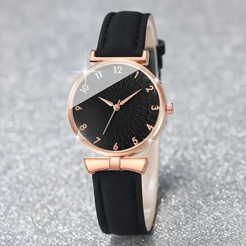 5pcs Black Round Quartz Watches with PU Leather Strap and Fashion Accessories, Valentine's Day Gifts for Her