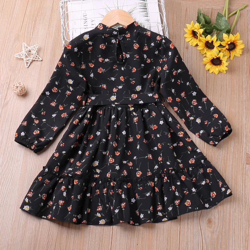 Humor Bear Girls Dress  Autumn Long Sleeve Floral Princess Dress Kid Clothes WIth Bow Belt Children Dress For 2-6Y