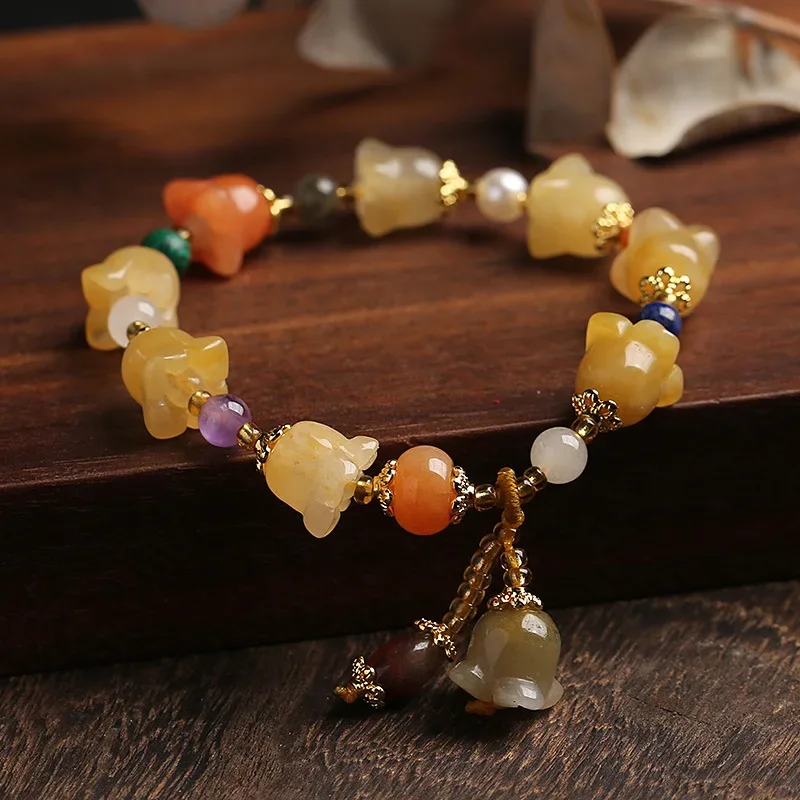Pulsera de jade de seda de oro Natural, pulsera de novia para mujer, pulsera de jade de seda dorada de lirio del valle, pulsera de topacio, joyería de mano