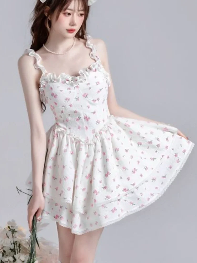 Mini vestido floral feminino, princesa, projetado em camadas, estético, estilo coreano, império, estudantes, casual, novo, verão