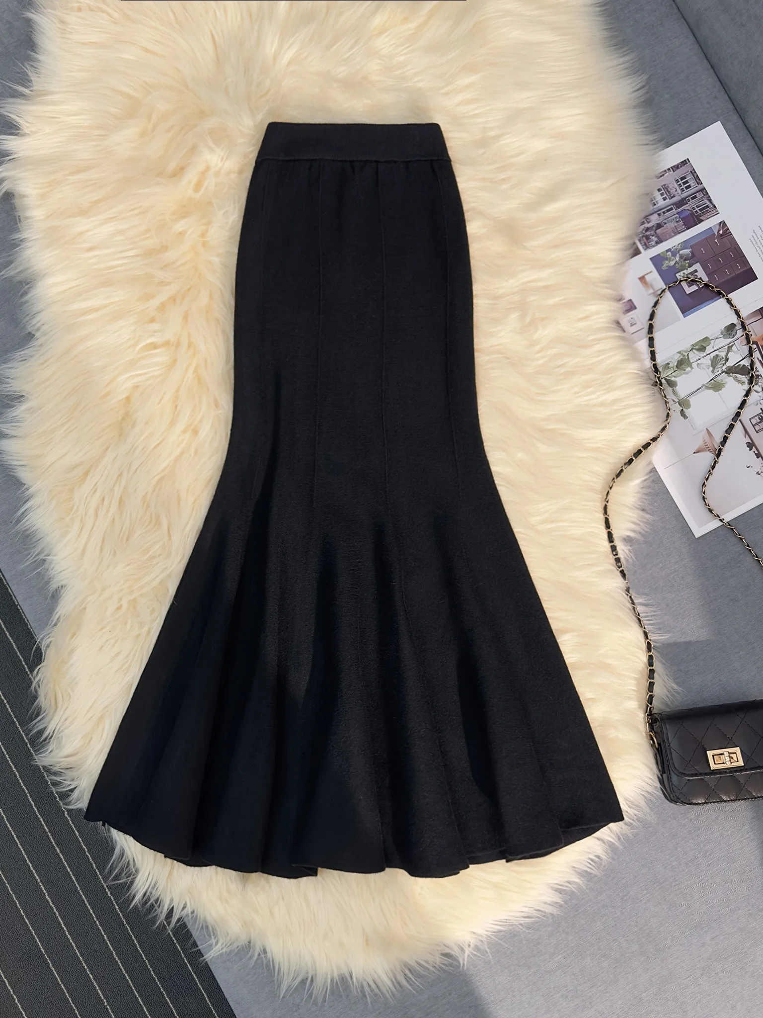 Olive een Camere Dzianinowa Spódnica Damska Jesień Zima Piękna Spódnica w Kształcie Litery A Dopasowana Spódnica z Trenem Słodka Elegancka Spódnica z Wysokim Stanem...