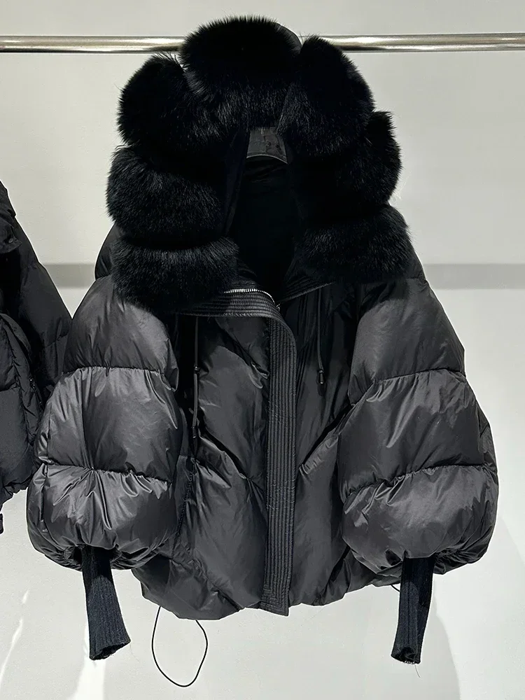NONE Weiße Ente Daunenmantel Frauen Echtpelz Jacke Mit Kapuze Puffer Jacke Verdicken Warme Gestrickte Ärmel Mittlere Lange Parka Neue Winter Große 4
