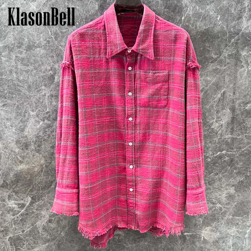 

10.24 KlasonBell Women's Fashion Personality Hand Frayed Long Sleeve Shirt Lapel Contrast Color Plaid Print Loose Blouse