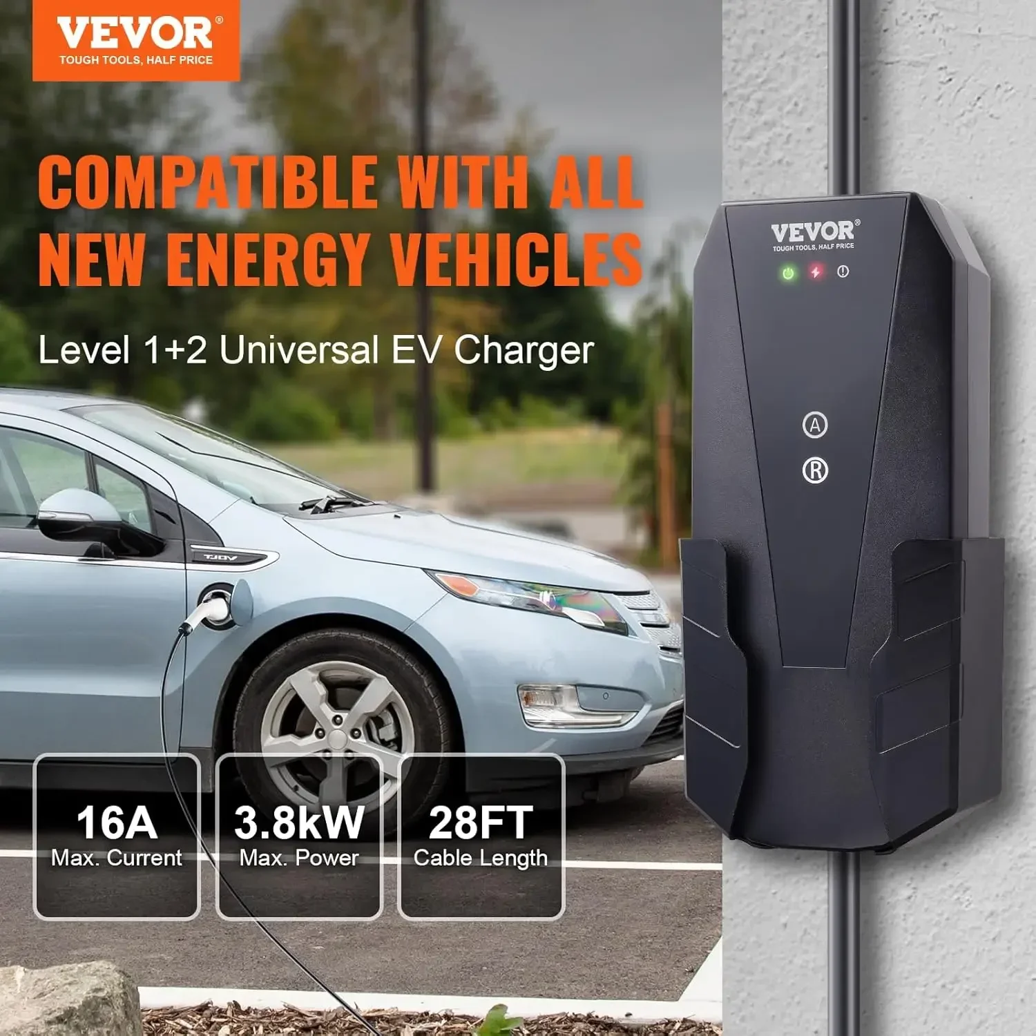 Level 1+2 Portable EV Charger, 16 Amp 120V or 240V, Electric Vehicle Charger with 28-Foot Charging Cable NEMA 6-20P Plug