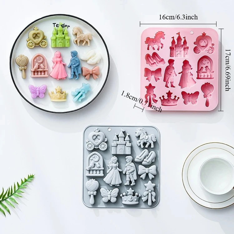 Silicone Chocolate Mold 12-Cavity Castle Princess Prince Crystal Shoes Carriage Crown Bow Silicone Molds for Cake Decorating